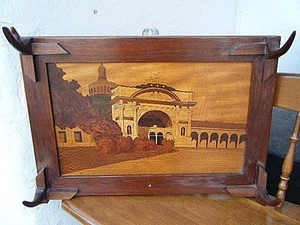 Antique European Wall Coat Hanger Burl Wood Marquetry Inlay with Castle Panel - Picture 1 of 6
