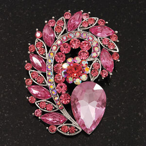 Large Pink Glass 'Feather' Corsage Brooch In Silver Plating - 7.5cm Length