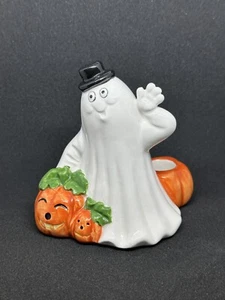 Vintage Ghost Wearing Top Hat Pumpkins Taper Candle Holder Halloween Figurine - Picture 1 of 6