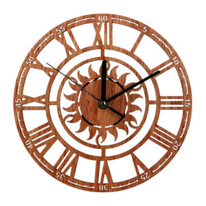  Round Wall Clock Modern Wooden Hanging Clock Novel Sun Shaped Clock with Roman