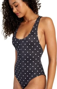 RVCA Swimsuit One Piece L Black White Polka Dot Racerback Medium Cut Swim Suit - Picture 1 of 7