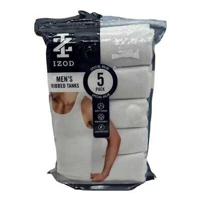Izod Tank Top Men’s White 5 Pack Ribbed Tagless Breathable Lightweight NEW Sz M - Image 1 of 2