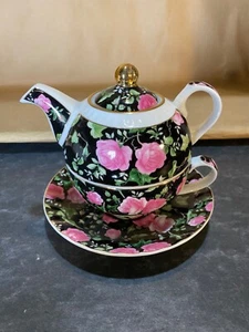 Black & Pink Tea for One Teapot, Teacup, and Saucer -Pink Roses - Gold Trim - Picture 1 of 6