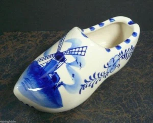 Zueco de zapatos vintage pintado a mano PD azul molino de viento Delft Holanda 6" - Imagen 1 de 5