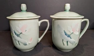 Vintage Set of 2 Lidded Hand Painted Floral Celadon Teacups Mugs~Handles~5¼"T - Picture 1 of 9