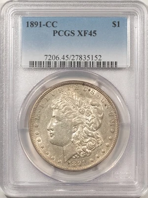 1891-CC $1 MORGAN DOLLAR - PCGS XF-45, LOOKS AU! CARSON CITY! - Image 1 of 3
