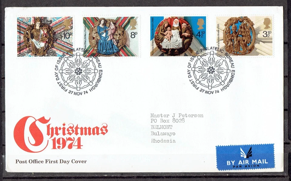 UK GB 1974 Christmas 1974 First Day Cover. Full set with description to Rhodesia - Image 1 of 1