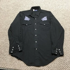 Vtg Chute 1 Shirt Mens Medium Black Western Pearl Snap Rose Embroidered Rodeo - Picture 1 of 10