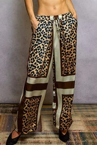 POL Leopardenmuster gewebte elastische Taille weites Bein Kordelzug Hose in Braun Multi - Bild 1 von 8