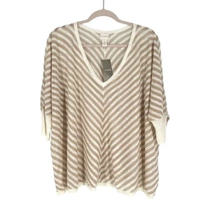 Chicos Linen Blend Blouse Size 1 Taupe Ivory Stripe Slub Knit Relaxed Medium - Picture 1 of 12