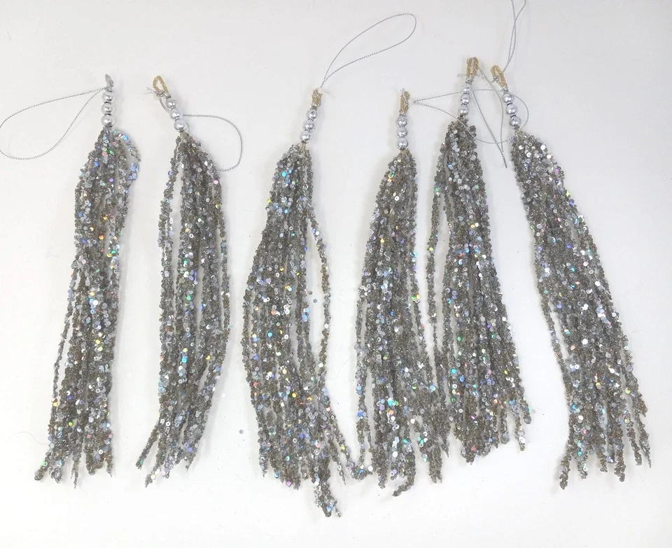 Vtg Silver Sequined Bead Tassel Ornament Lot 6 Hanukkah Christmas Decoration 11" - Image 1 of 4