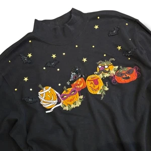 Vintage Karen Scott Halloween Langarmshirt Gr. L Kürbis Fledermäuse Stickerei - Bild 1 von 15