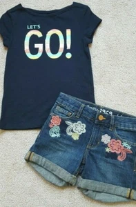 GAP KIDS LET"S GO Sequin top  6- 7 Mini denim shorts, 7 slim, - Picture 1 of 6