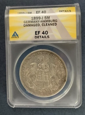 1899 J German States, Hamburg 5 Mark Silver Coin; ANACS EF 40 Details - Image 1 of 2
