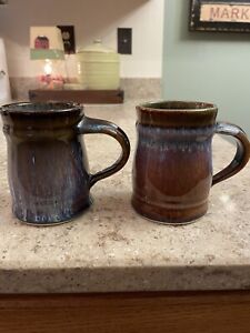 Set Of 2 Bill Campbell Brown Blue Glaze Drip Pottery Mugs
