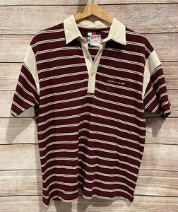 Vintage 90s Y2K Tommy Jeans Polo Shirt Large Maroon Stripes Tommy Hilfiger - Picture 1 of 5