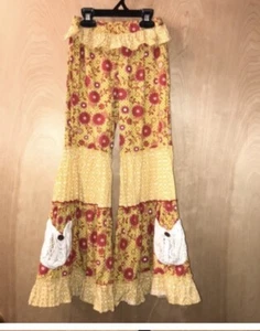 Mustard Pie-sz 6-Pixie Pants-mustard-Red-wide Leg-ruffles-pockets-bohemian - Picture 1 of 3