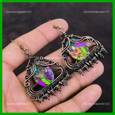Pendientes Cobre Fiesta Kingman Piedra Turquesa Nuevos Colgantes Gota Boho Envueltos en Alambre Foto 1 de 4