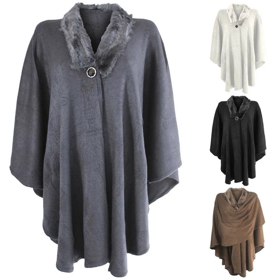 LADIE FAUX FUR COLLAR SINGLE BUTTON FLORAL EMBOSSED DESIGN PONCHO CAPE WRAP 8-16 - Image 1 of 1