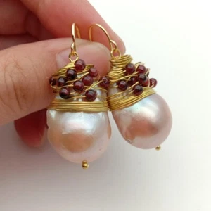 16x26MM Natural Pink Keshi Pearl Garnet Hook Earrings - Picture 1 of 8