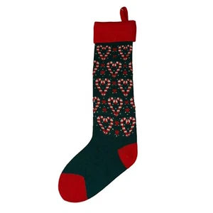 Vintage 1986 Dept 56 Green/Red Knit Christmas Stocking Candy Cane Hearts - Picture 1 of 6