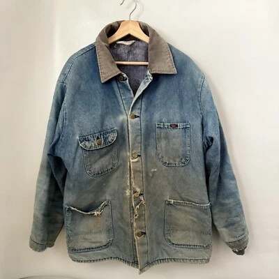 VTG Key Imperial Jacket Mens L Lined Denim Chore Coat Barn Thrashed Destroyed - Image 1 of 4