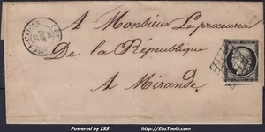 FRANCE N°3 SUR LETTRE GRILLE + CAD TYPE 15 AIRE SUR L'ADOUR DU 29/10/1849 - Picture 1 of 2