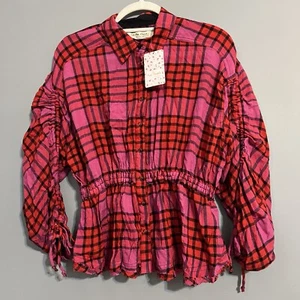 We The Free People Red Combo Plaid Boho Shirt Top Sz XS Elastic Waistband - Picture 1 of 14