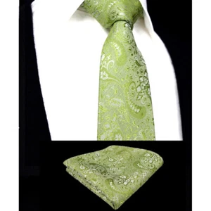 Mens Sage Green Tie Handkerchief Silk Floral Pocket Square Napkin Paisley Hanky - Picture 1 of 8