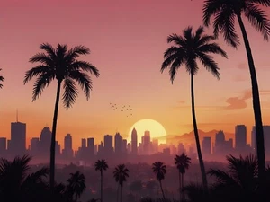 Palm urban sunset HD metal wall art print 4 x 6 inches - Picture 1 of 4