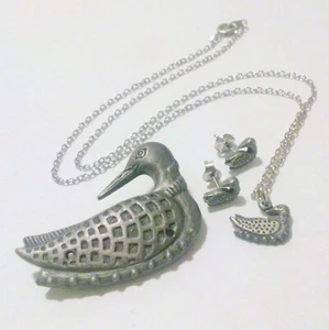 Vintage Pewter Duck Necklace Earring Brooch Demi Parure Set - Picture 1 of 6