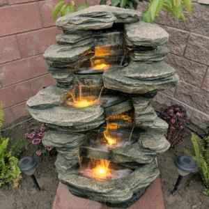 38" Stacked Shale Waterfall Outdoor Electric Garden Water Fountain LED Lights - Picture 1 of 7