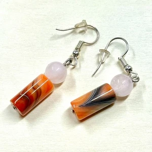 Artisan Agate & Rose Quartz Bead Earrings, Native American Handmade Gemstone - Picture 1 of 4
