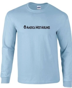 America West Airlines Black Logo US Aviation Sky Blue Long Sleeve T-Shirt - Bild 1 von 3