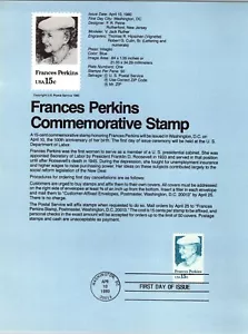 USPS FDC First Day Cover Souvenir Sheet Francis Perkins Scott #1821 - Picture 1 of 3