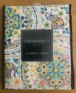 New Cynthia Rowley "Happy Elephant" Shower Curtain White Multi Medallion Print - Picture 1 of 2