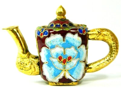 Tetera pequeña floral esmaltada Cloisonne de la cultura china, mango de serpiente, caño de elefante Foto 1 de 4