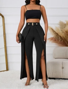 Ladies' Solid Color Belt, Loose Wide Leg Slit, Elegant Straight Leg Pants - Picture 1 of 13