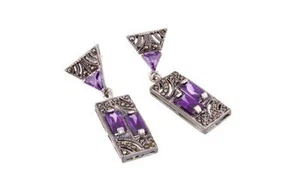 Plata de Ley Marcasita Y Amatista Color Pendientes - Imagen 1 de 1