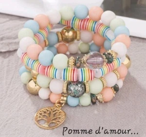 Bracelet Multi-rang Pastel et Breloques Arbre De Vie, Élastique. Élégant Neuf - Imagen 1 de 2