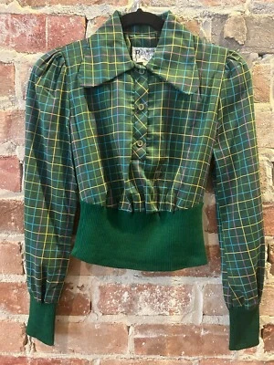 VTG 1970s woman's green with pastel plaid long sleeve crop top - Image 1 of 4