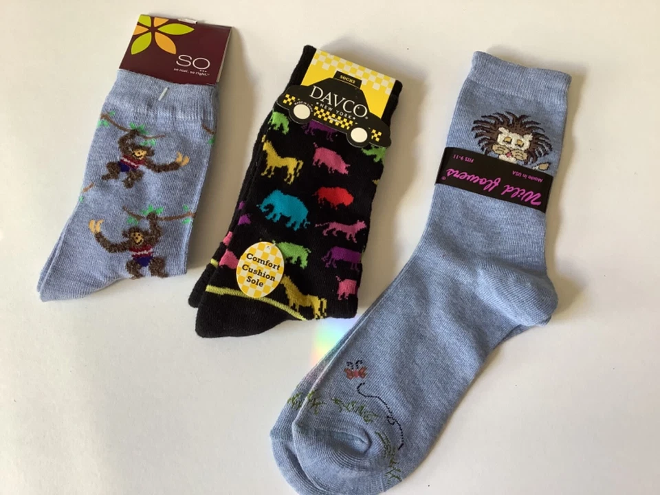 3 PARES CALCETINES MUJER NOVEDAD TRIPULACIÓN * ANIMALES DE LA SELVA * NUEVOS CON ETIQUETAS * TALLA 9-11 * AZUL/NEGRO Foto 1 de 1