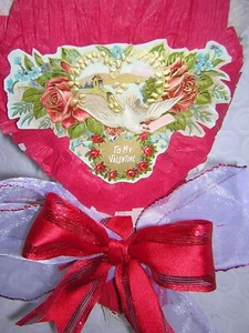 VALENTINE'S DAY White RED Ruffled Crepe Paper Tussie Mussie Doily Hanging CONE - Picture 1 of 5