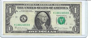Circulated $1 Fancy One Dollar Note Bill Serial # K10013203E Low Sum 10 COOL 98% - Picture 1 of 3