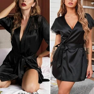 US Sexy Women Lingerie Lace Satin Silk Trim Kimono Robes Sleepwear Underwear Set - Picture 1 of 58