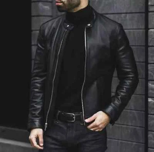 Men Slim Fit Biker Motorcycle Sheep Leather Black Jacket Coat Outwear Jackets - Picture 1 of 3