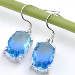 Classical Oval Cut Blue Bi Colored Tourmaline Gems Silver Dangle Hook Earrings - Picture 1 of 6