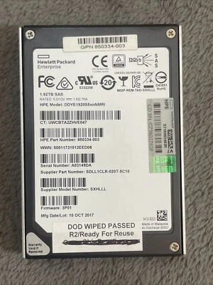 1.92TB SSD HPE 2.5 12Gbs SAS DDYE1920S5xnNMRI SXHLLL 3P01  778252-001 850334-003 - Image 1 of 4