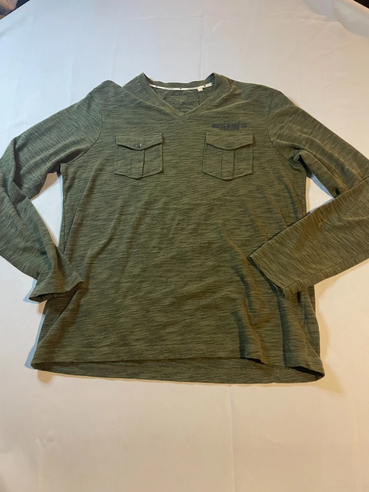 Guess Mens T-Shirt Size XL Green Long Sleeve V-Neck Pockets Casual Everyday Y2K - Image 1 of 4