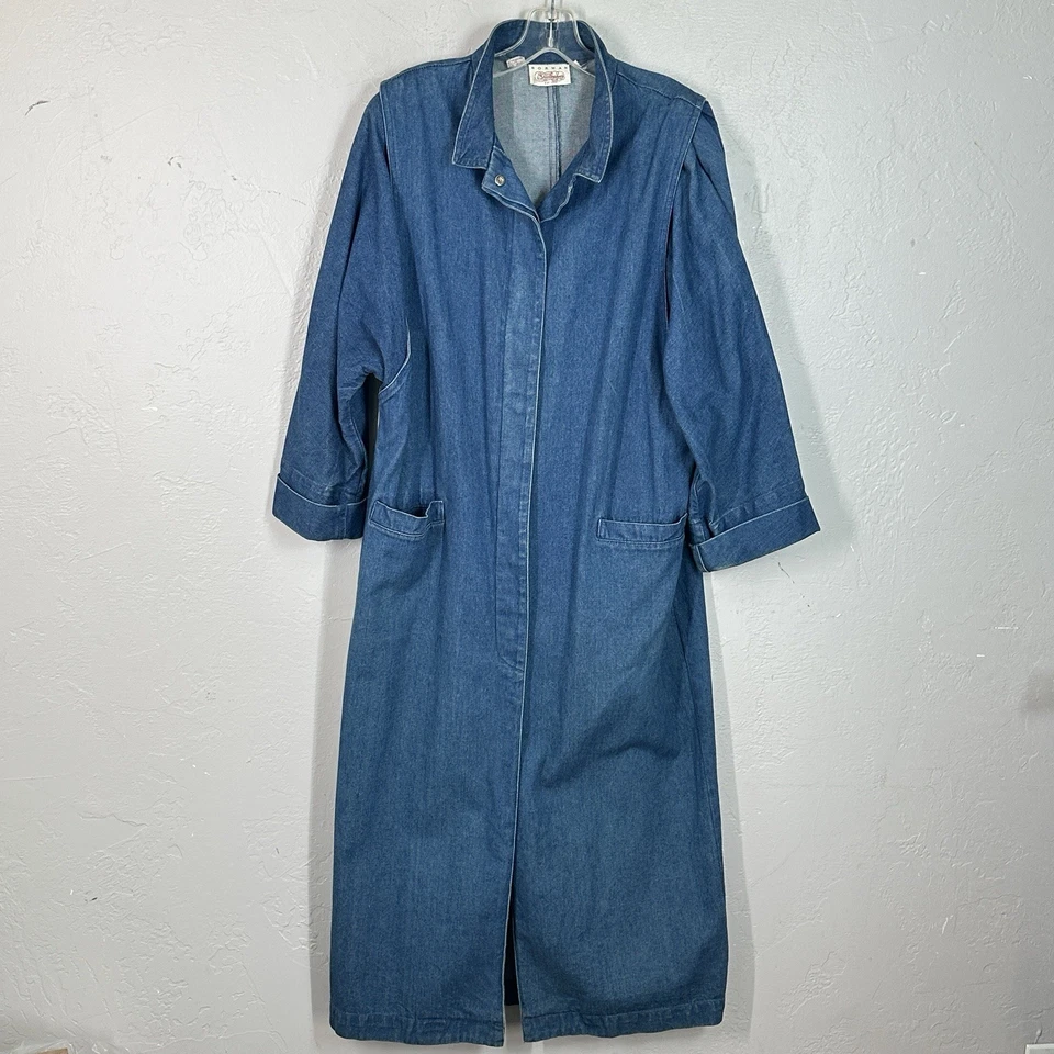 Vtg 80s Norman Shirtmaker Denim Duster Coat Women 8 Blue Cotton Pockets Maxi - Image 1 of 4